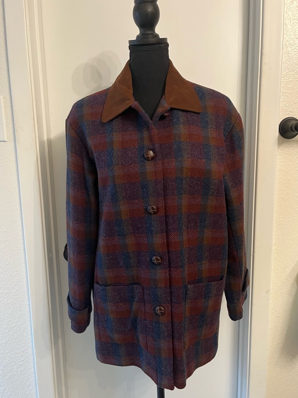 Norton McNaughton Petite Multicolor Plaid Wool Coat with Brown Collar